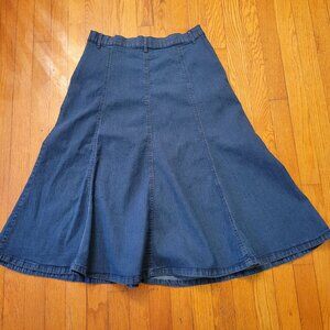 Southern Lady Blue Jean Denim A Line Skirt 12 Maxi Modest Church Flared Panels